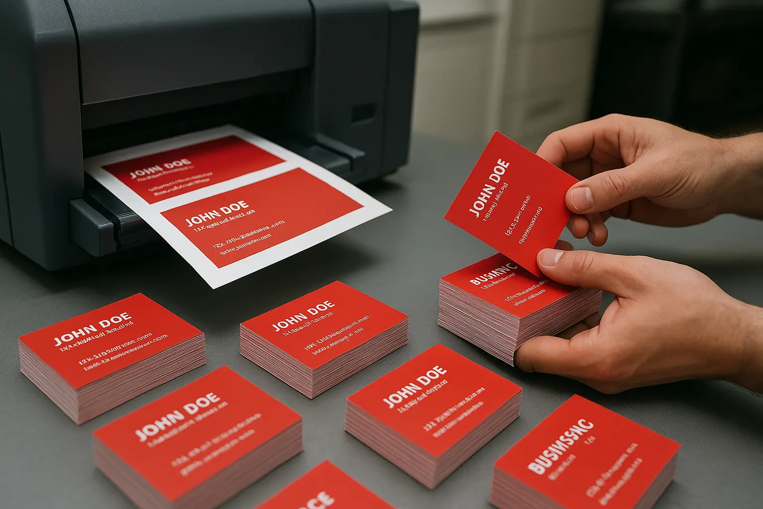 Custom business cards being printed with red card stacks ready for review